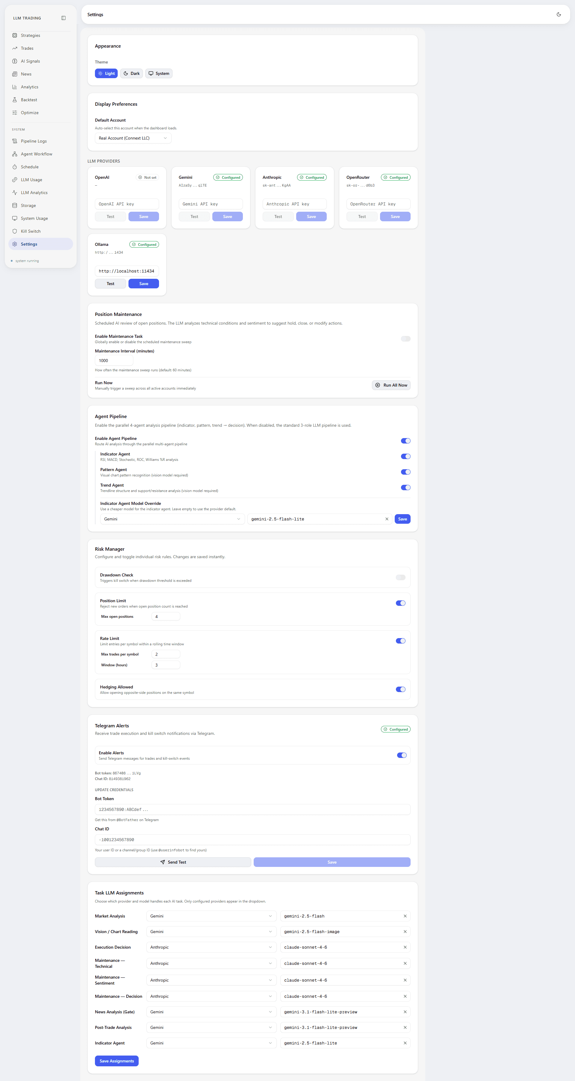 Settings page