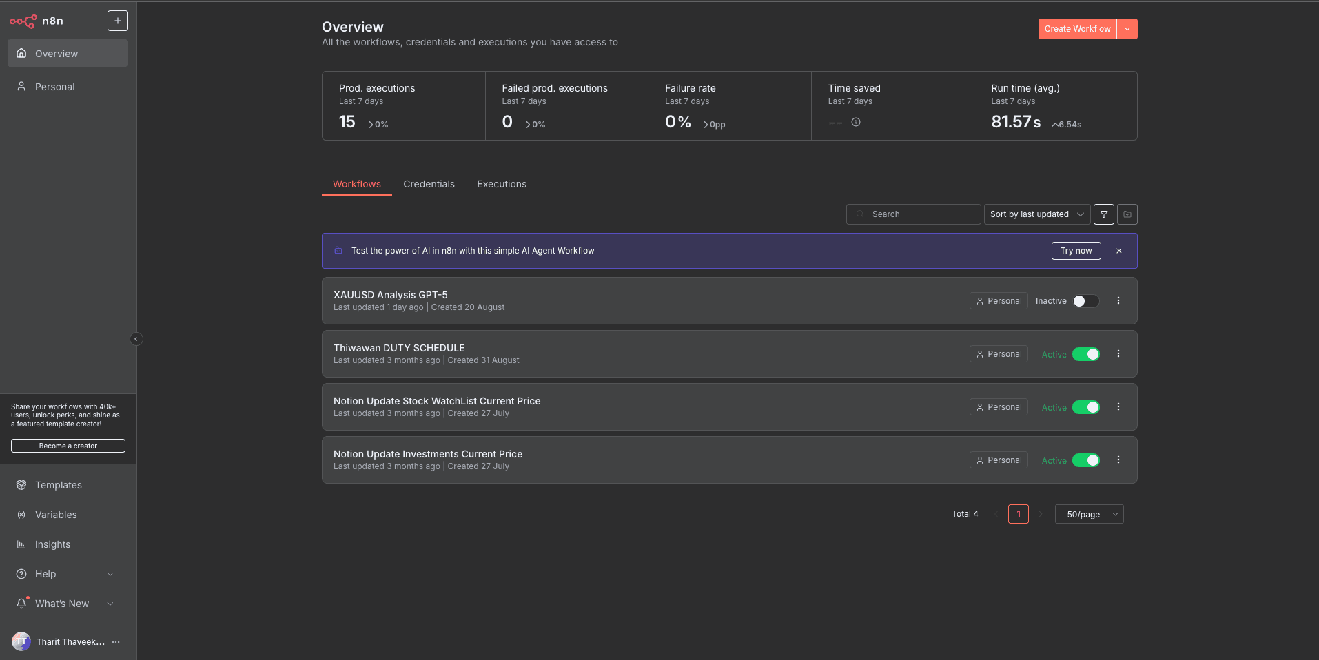 N8n dashboard