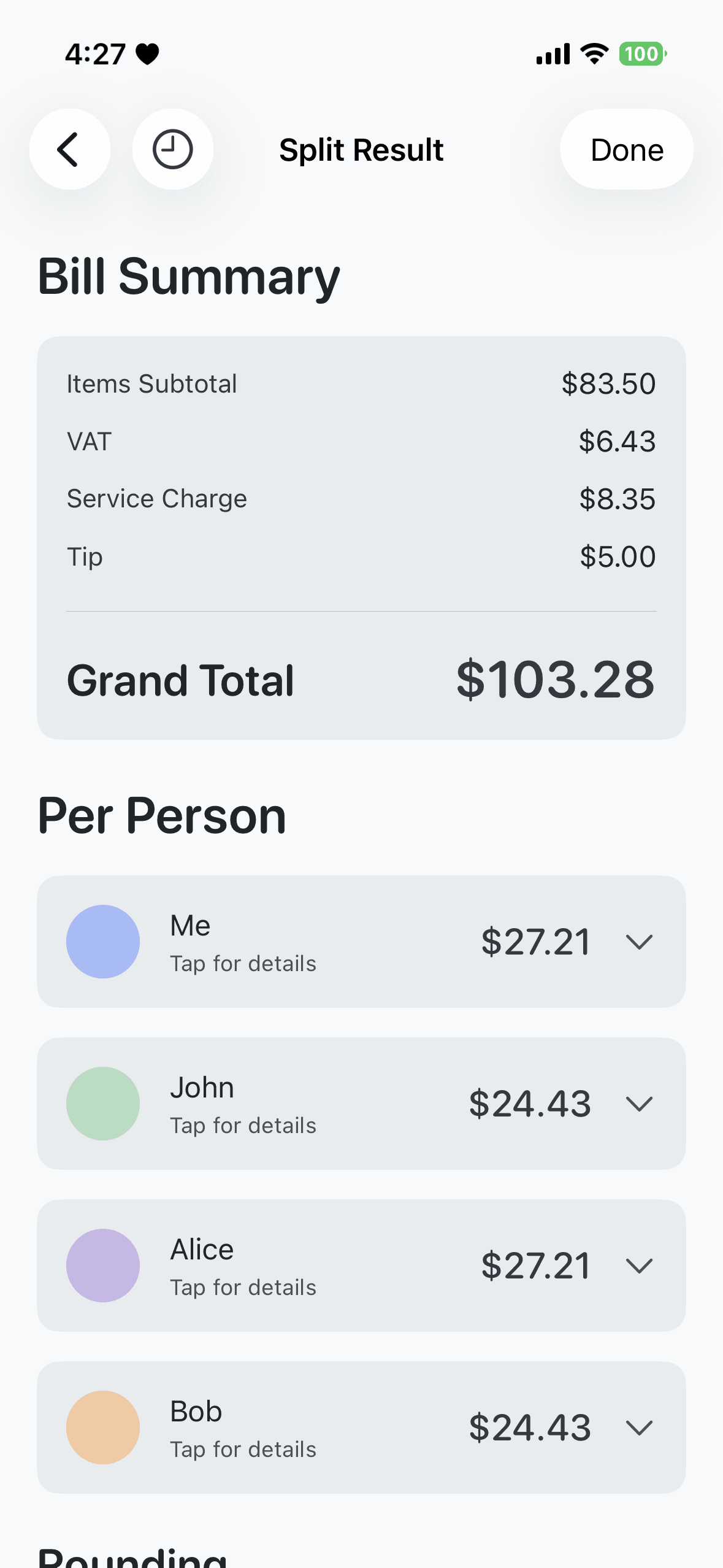 Bill splitter result per person