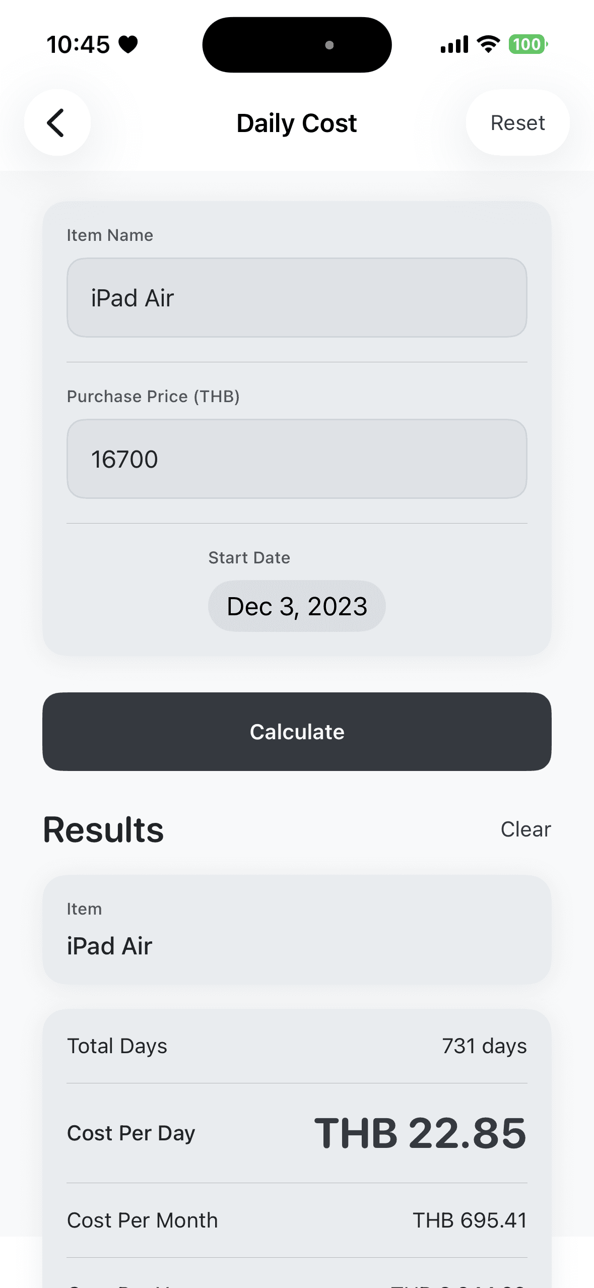 Daily cost depreciation calculator