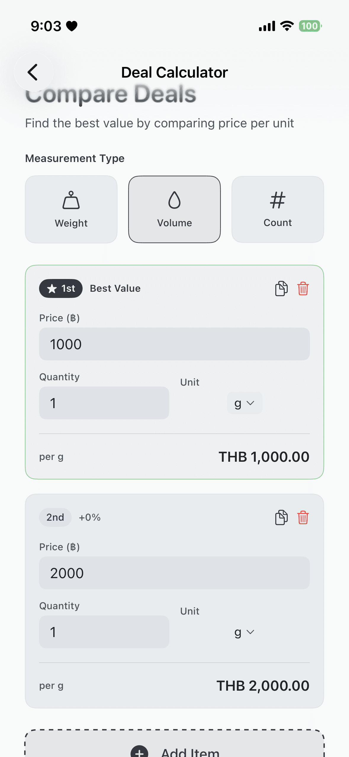 Deal calculator item entry