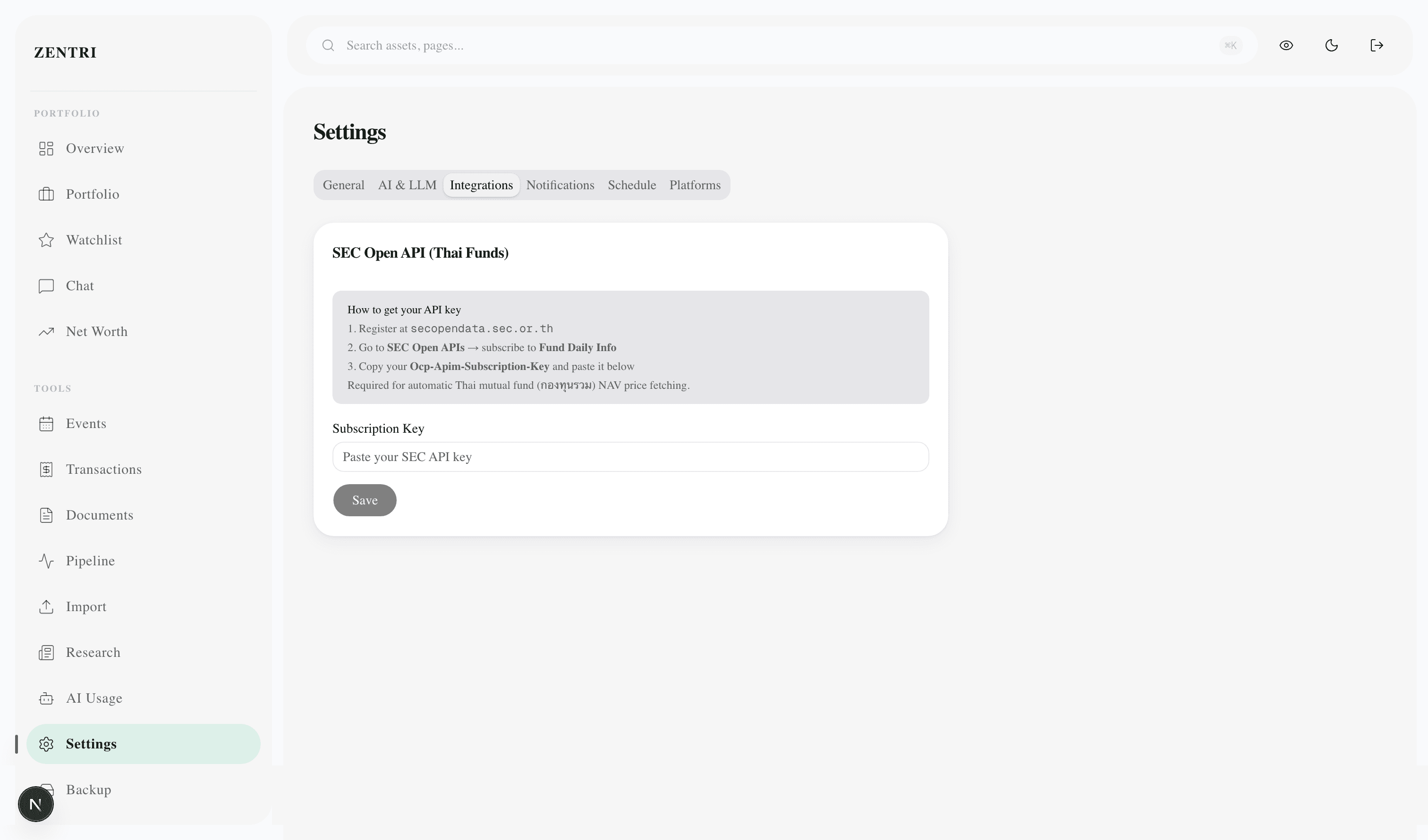 Settings integration page