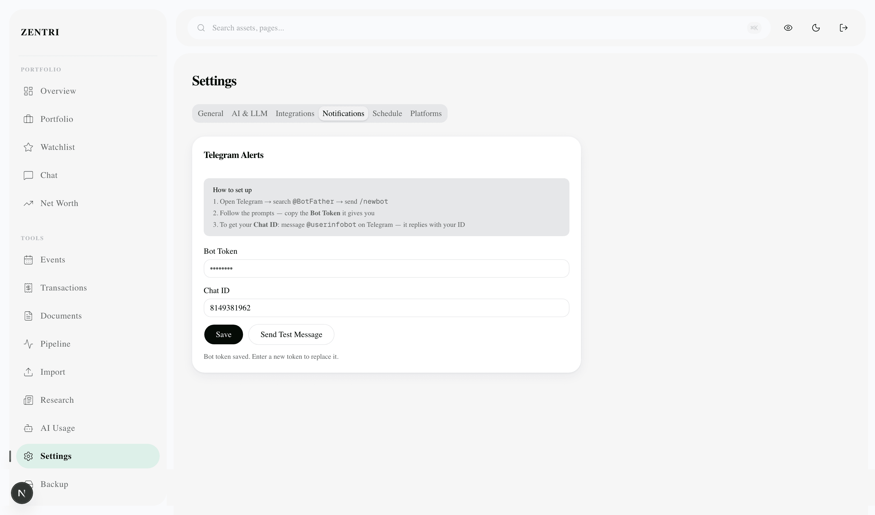 Settings notification page