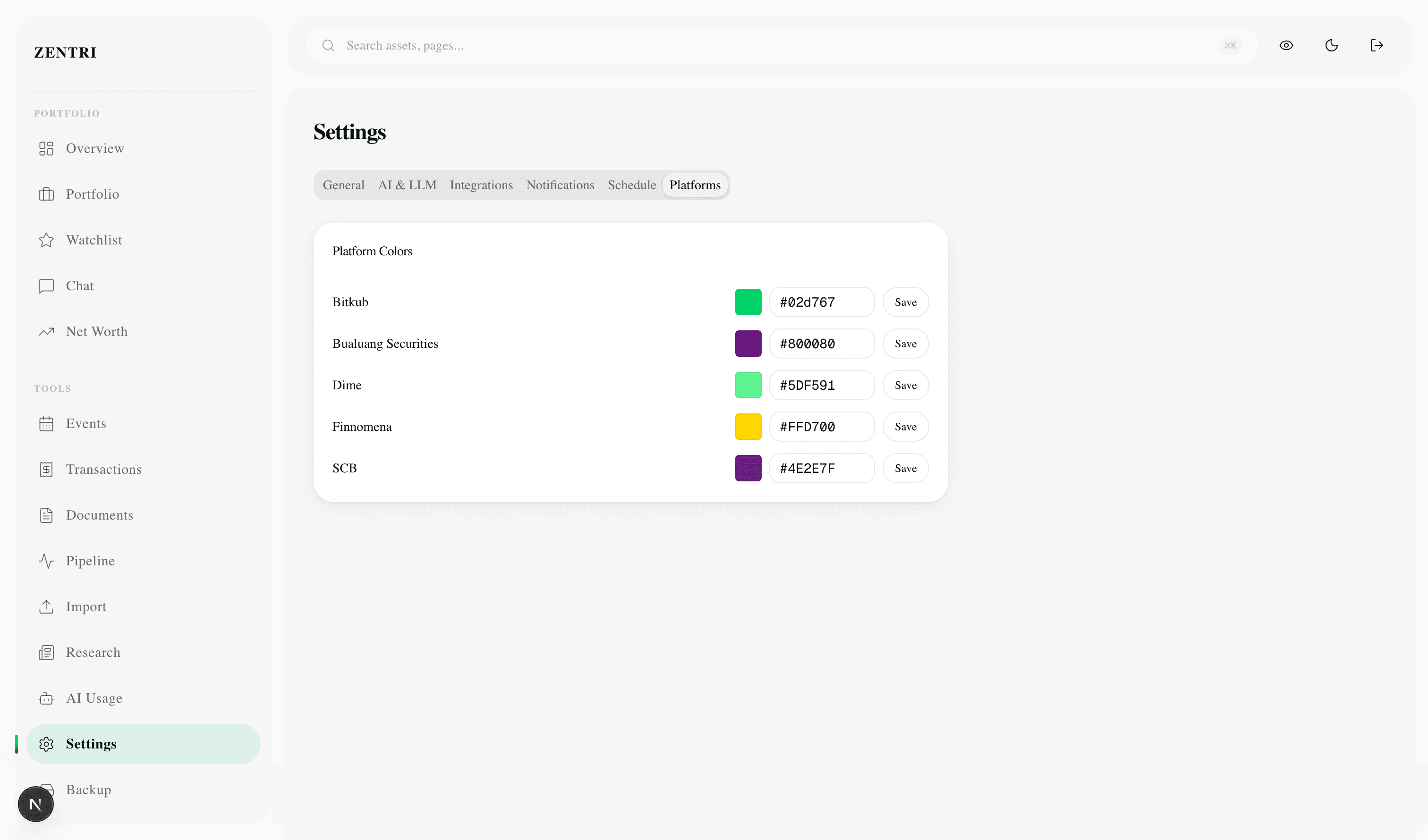 Settings platform page