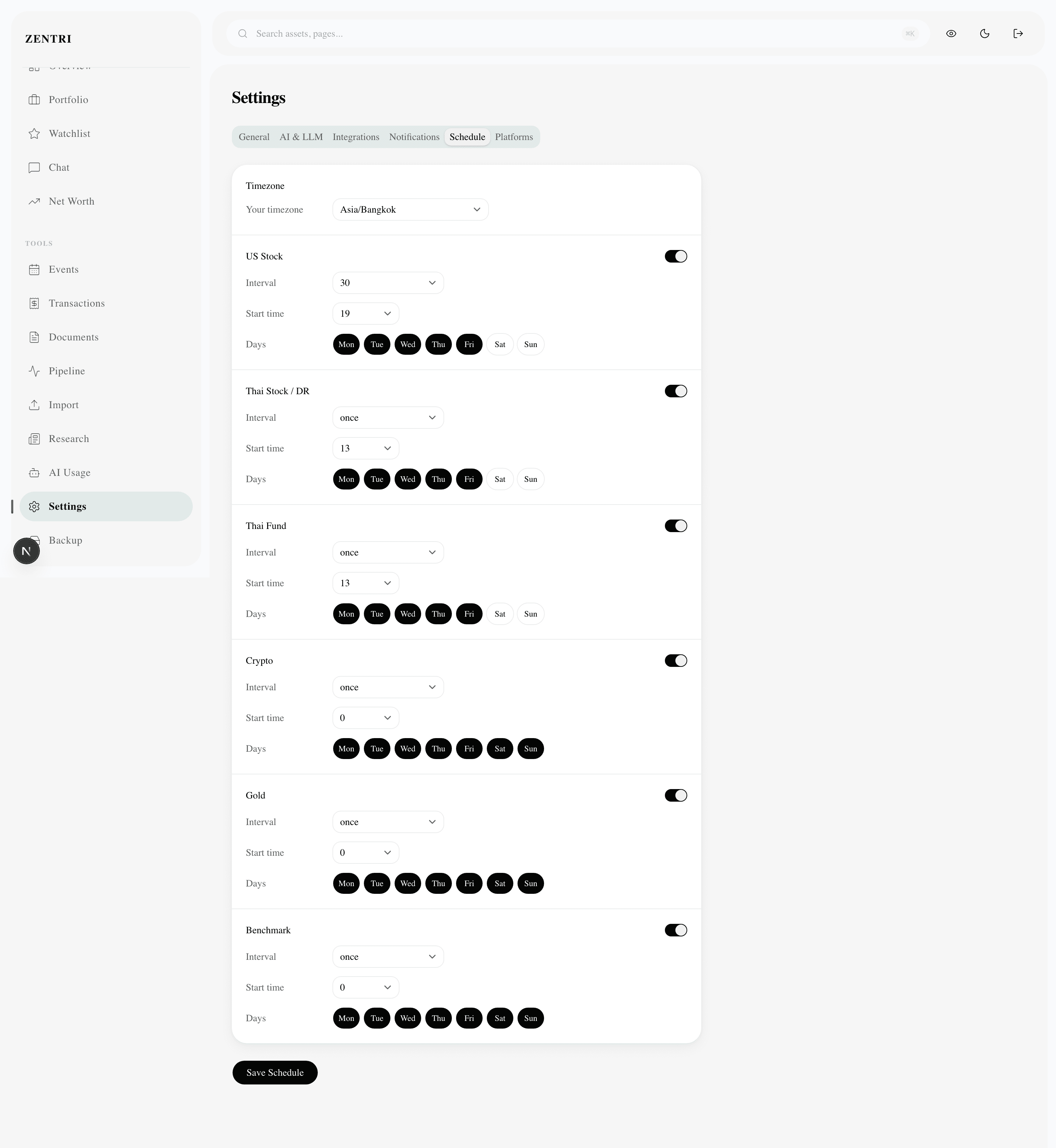 Settings schedule page