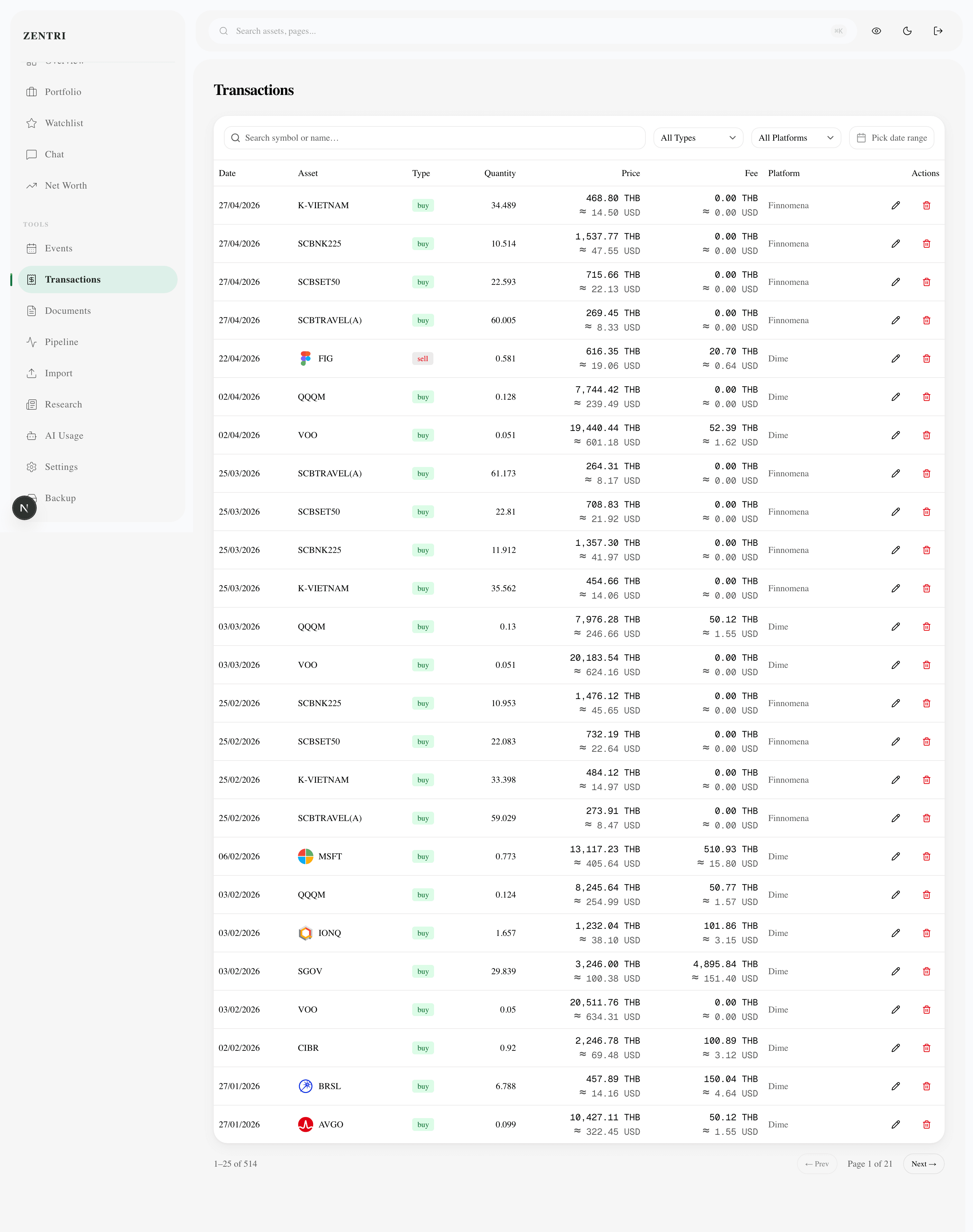 Transaction history
