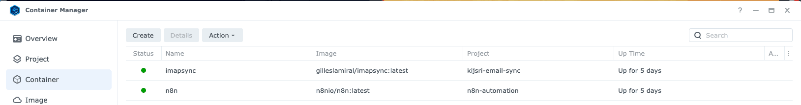 Click to enlarge n8n container running in Synology Container Manager